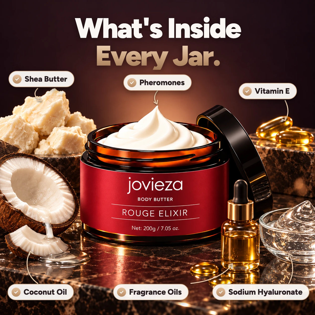 What's inside every Jovieza jar: shea butter, coconut oil, vitamin E, sodium hyaluronate, fragrance oils and pheromones